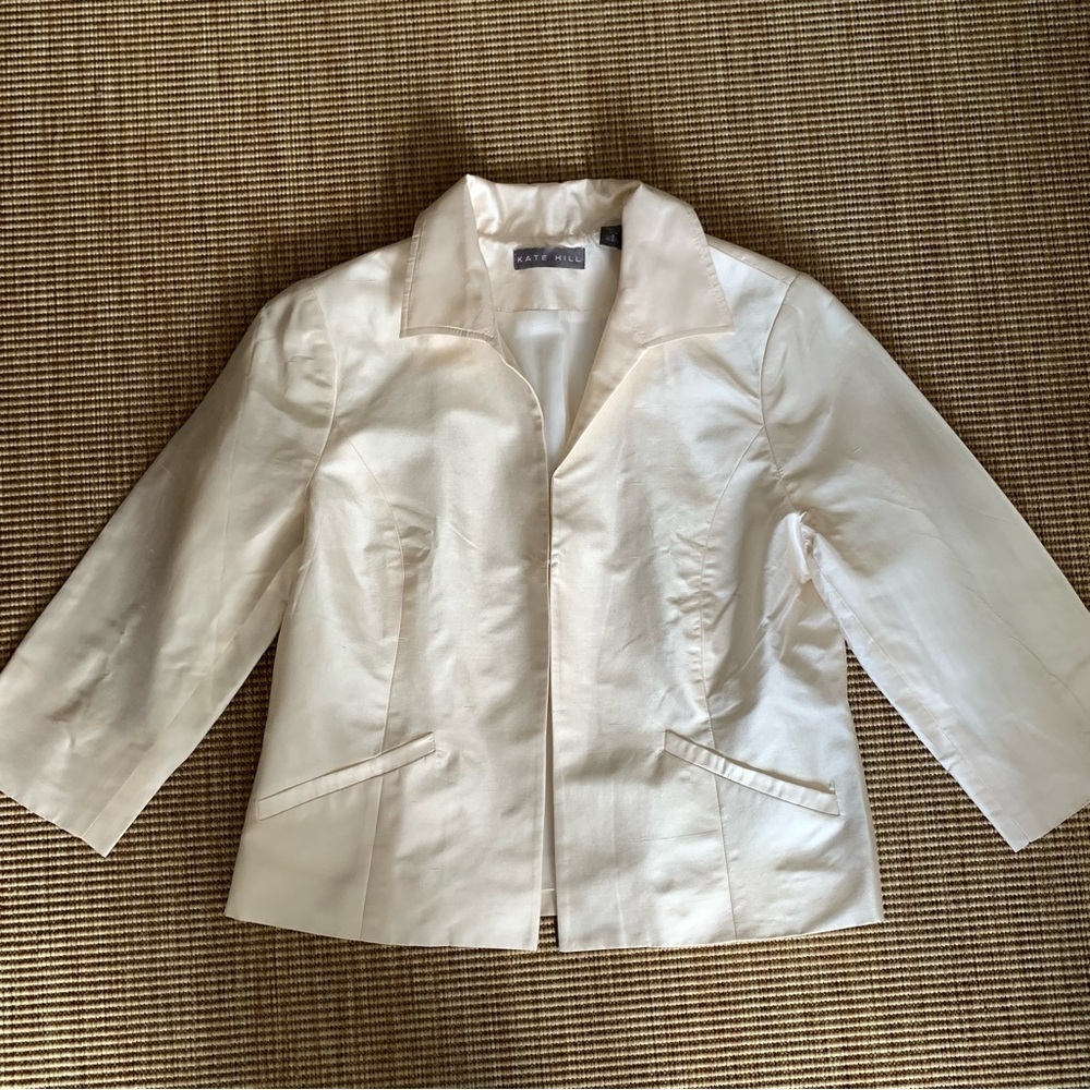 Vintage Kate Hill Silk Taffeta Collar 3/4 Sleeve Suit Blazer Jacket Ivory Cream
